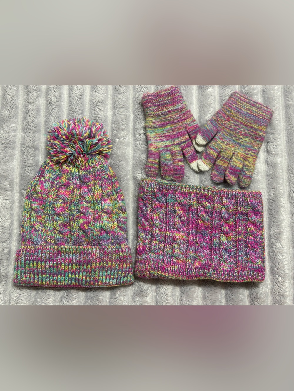 Kids Multicolor Pom Beanie, Scarf & Gloves Set - Cozy Knit